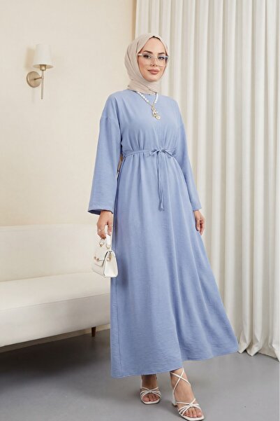 Modamorfo Λινό φόρεμα με δέσιμο στη μέση και φερμουάρ στην πλάτη - μπλε