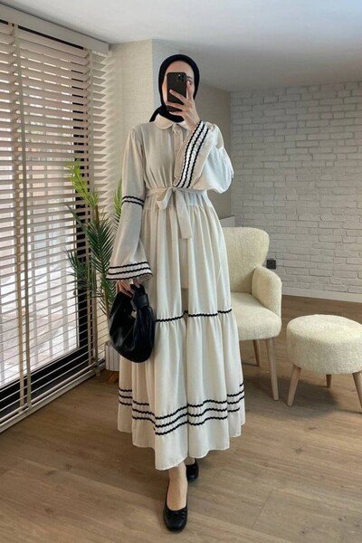 Modamorfo Φόρεμα με κεντημένα στοιχεία στα μανίκια και την φούστα - πέτρινο