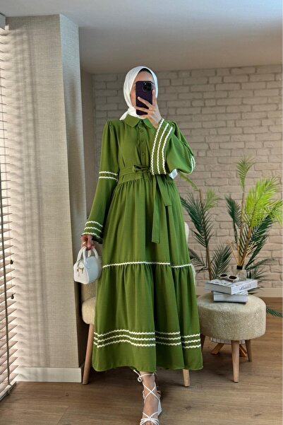 Modamorfo Κεντημένο φόρεμα με κομμένα μανίκια και φούστα -πράσινο