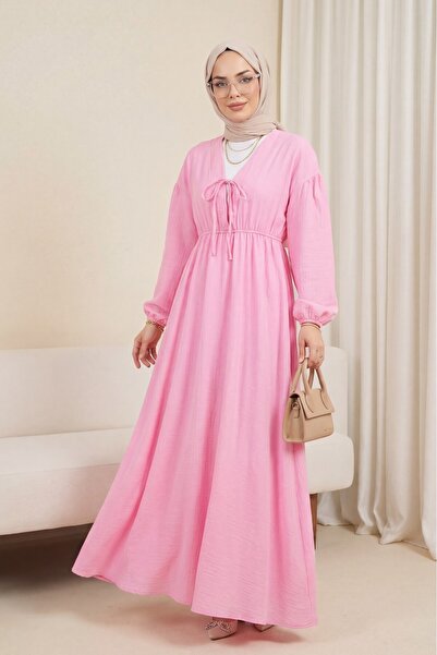 Modamorfo Φόρεμα μουσελίνας με δετό γιακά, μανίκια και ελαστική μέση - ροζ