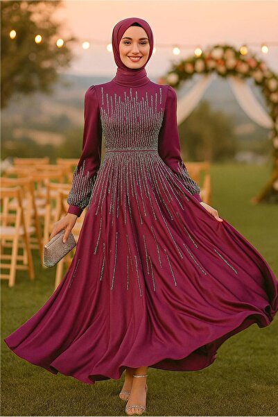 TRENDTESETTÜR KADIN BORDO TAŞ BASKILI TESETTÜR ABİYE ELBİSE T 3853