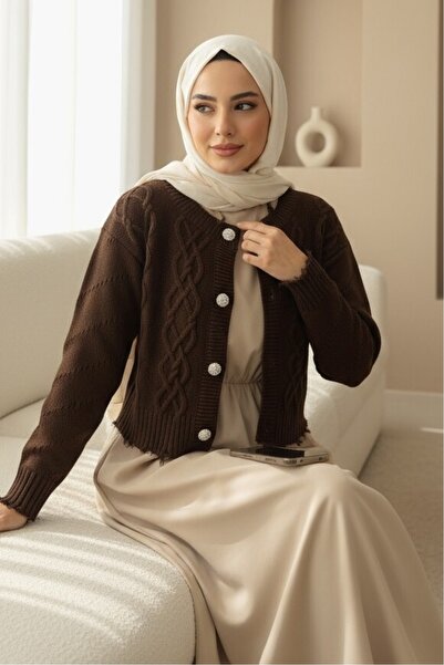 Modamorfo Cardigan crop cu nasture de piatra - maro