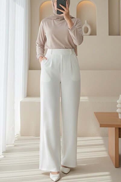 Modamorfo Beli Hook and Loop Detail Pipe Leg Fabric Trousers -White