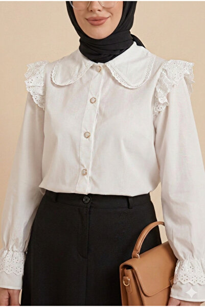 Modamorfo Πουκάμισο με βολάν στον ώμο, ελαστικά μανίκια και κουμπιά - λευκό