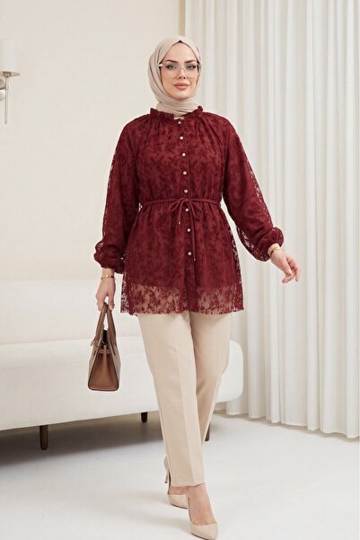 Modamorfo Τούνικ από τούλι με ψηλό γιακά, δεμένη μέση, μανίκια μπαλόνι και στ...