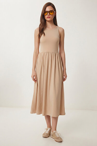 Lovelyİstanbul Καλοκαιρινό πλεκτό φόρεμα Halter Neck Basic CREAM LCR0053