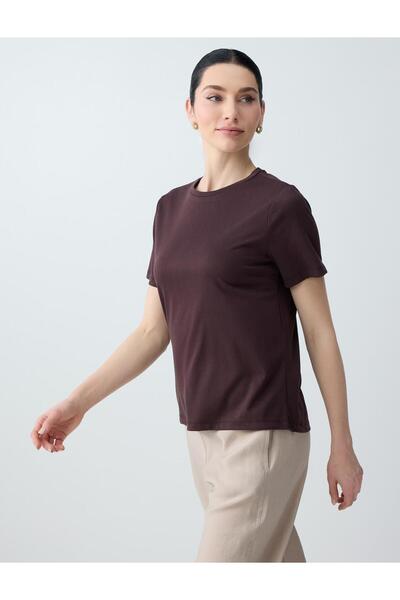 Jimmy Key Καφέ κοντομάνικο πλεκτό μπλουζάκι με λαιμόκοψη