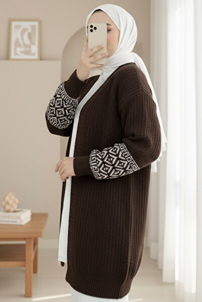 Modamorfo Πλεκτά Ζακέτα με μοτίβο στα μανίκια -καφέ