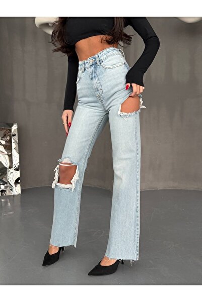 HerTon Γυναικείο τζιν παντελόνι με σκισίματα και λεπτομέρειες, ψηλόμεσο