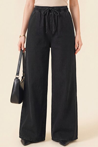 Modamorfo Wide Leg Elastic Waist Lace Detailed Jeans - Black