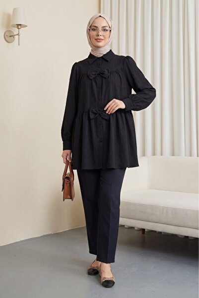 Modamorfo Πουκάμισο με λεπτομέρεια φιόγκου στο μπροστινό μέρος - μαύρο