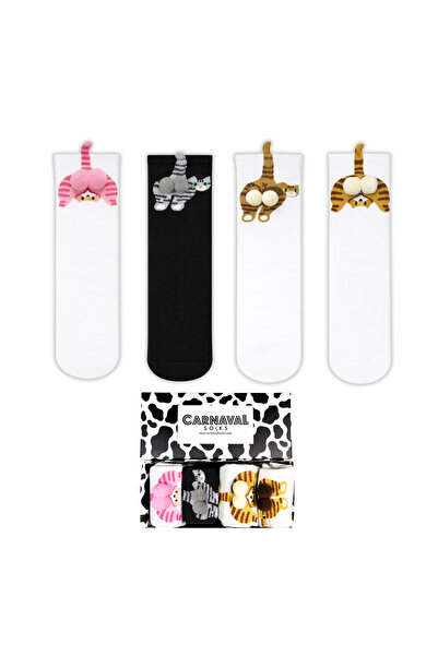 CARNAVAL SOCKS Σετ 4 κάλτσες με σχέδιο γάτας και πομπόν, σε κουτί, unisex
