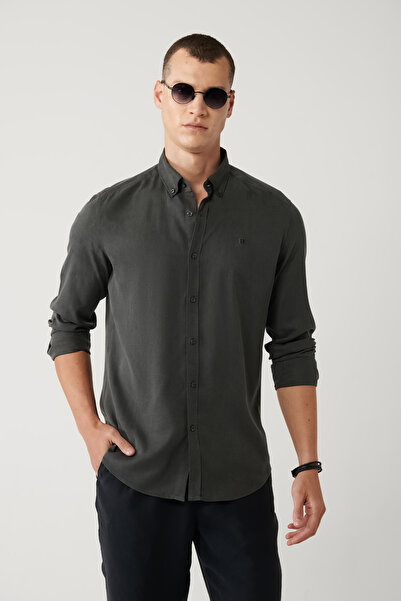 Avva Ανδρικό πουκάμισο με κουμπιά ανθρακί με λεπτή εφαρμογή από λινό μείγμα B...