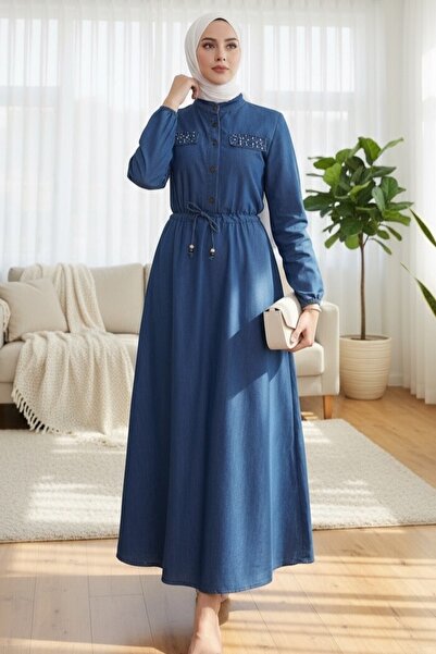 Modamorfo Μακρύ τζιν φόρεμα με μαργαριταρένια λεπτομέρεια -indigo