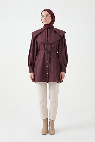 Modamorfo Πουκάμισο με φαρδύ γιακά, κορδέλα και κουμπιά - δαμασκηνί