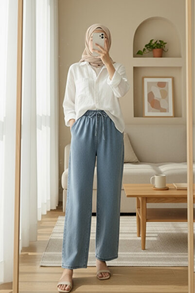 Modamorfo Дънки с широки крачоли, с еластична талия и дантелен детайл - Леден...