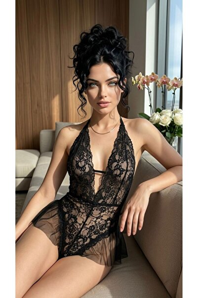 Kadın Siyah Özel Bölgesi Açık Dantelli Fantezi Babydoll