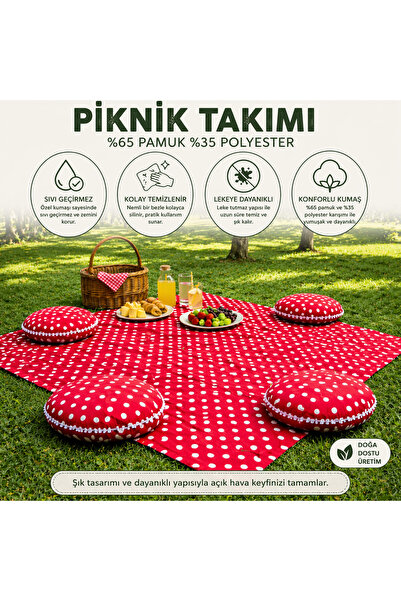 Zeren Home Keten Sıvı Geçirmez Puantiyeli Piknik Seti 4 Minderli Piknik Masa ...