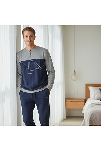 BONBON Men's Cotton Bundle and Dowry Set Gray - Navy Blue Color Pajama Set Al...