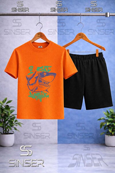 SS SİNSER Kids' Shark Purple Green Printed Crew Neck T-Shirt - Shorts Set