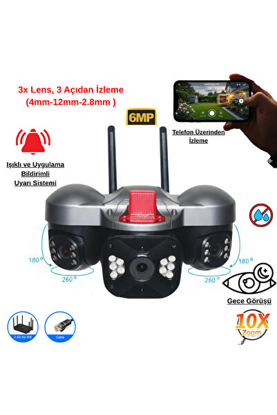 VOREX Apronx 6MP Wi-Fi Kamera | 3 Lens Üçlü Görüş Güvenlik Kamerası | Dış Mek...