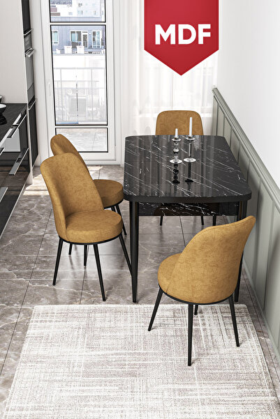 Canisa Concept Kor Serisi 70x114 MDF Açılabilir Mutfak Masası Takımı Siyah Me...