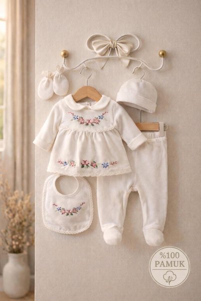 BYS BABY FASHION 5-Piece Seasonal Cotton Floral Embroidered Newborn Baby Girl Hospital Discharge Set (Boxed) 0-3 Months