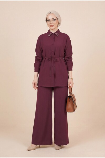 Modamorfo Σετ παντελονιού με πέτρες στο γιακά και δέσιμο στη μέση -μπορντό