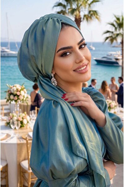 Aişe tesettür Πράσινο χρυσό καπό με αγκράφα από σιφόν Janjan