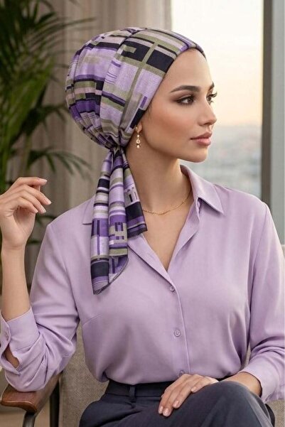 Aişe tesettür Λιλά Κασκόλ με Γεωμετρικό Σχέδιο