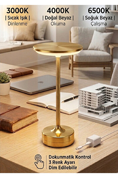 Senipa Masa Lambası Şarjlı 3 Renk Gold Kasa Düz Model (3000K - 4000K - 6500K)...