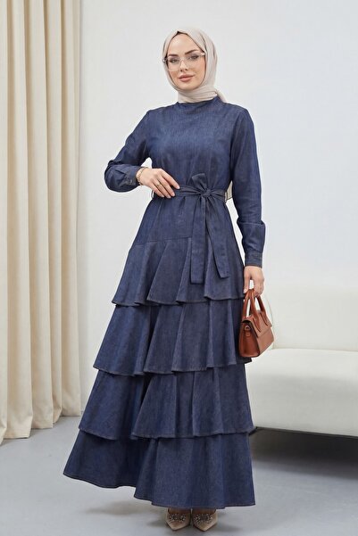 Modamorfo Layered Skirt Tensel Denim Dress with Belt - Smoked