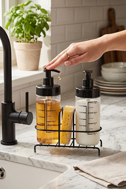 NTC METAL Standlı Mutfak Sıvı Sabunluk Ve Süngerlik Seti, Tezgah Üstü Çift Sı...