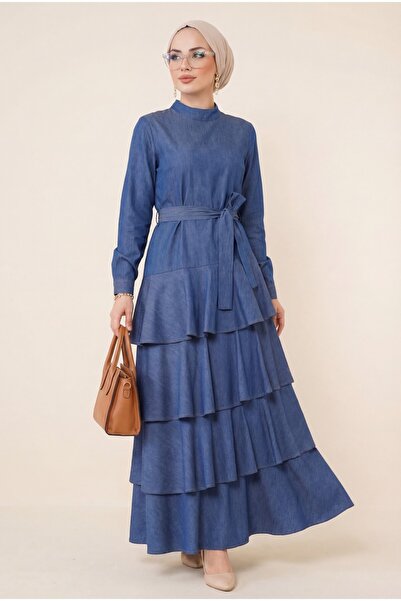 Modamorfo Skirt Layered Denim Belted Dress -Indigo