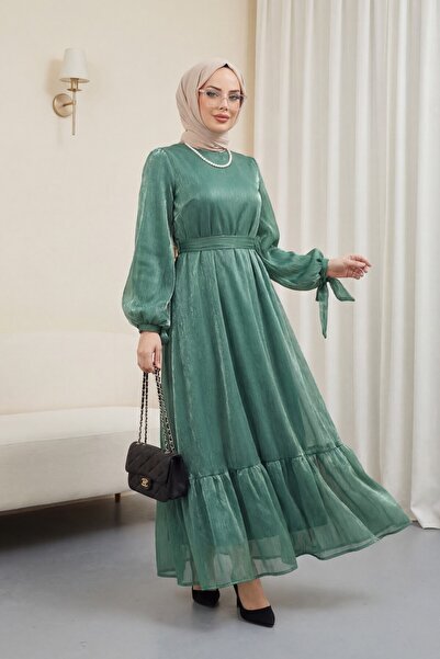 Modamorfo Φόρεμα Janjan με διαχωρισμένη φούστα και δαντελένια μανίκια - πράσινο