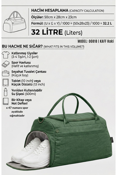 KAFF Khaki Crinkle Fabric Sports and Travel Bag with Shoe Compartment 00818, ...