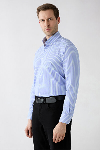 Kiğılı Uzun Kol Regular Fit Çizgili Düğmeli Yaka Pamuklu Kolay Ütülenebilir G...