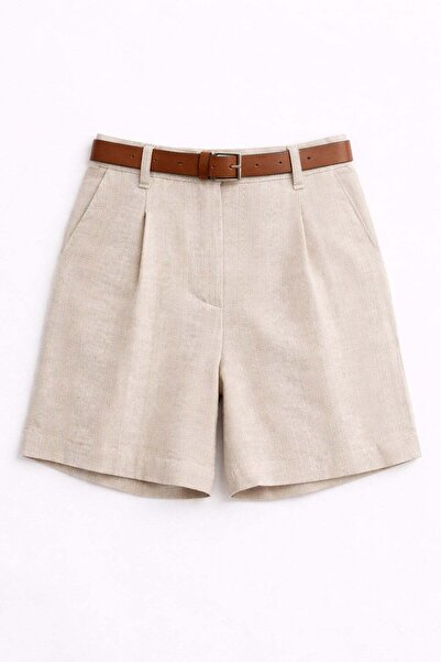 Mixray 40222 Γυναικείο ψηλόμεσο σορτς με πιέτες και ζώνη, φυσικό