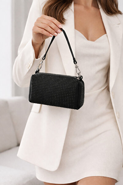 zetus Γυναικεία τσάντα χειρός και ώμου σε μαύρο χρώμα με λαμπερές πέτρες