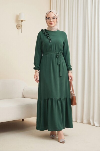 Modamorfo Ayrobin Dress with Ruffle Stone Detail, Skirt and Belt - Emerald