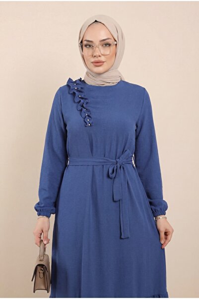 Modamorfo Rochie Ayrobin cu centură de fustă cu piatră cu volan -indigo