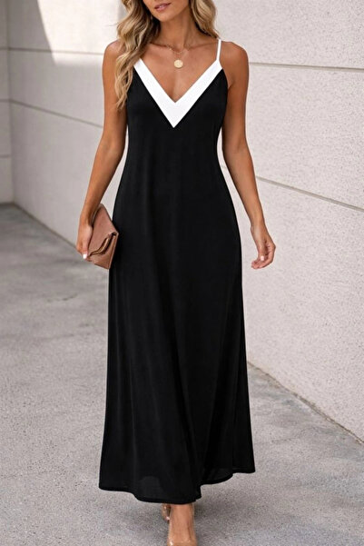 Butik Women's Long Viscose Dress with Rope Straps and Sharp V-Neck