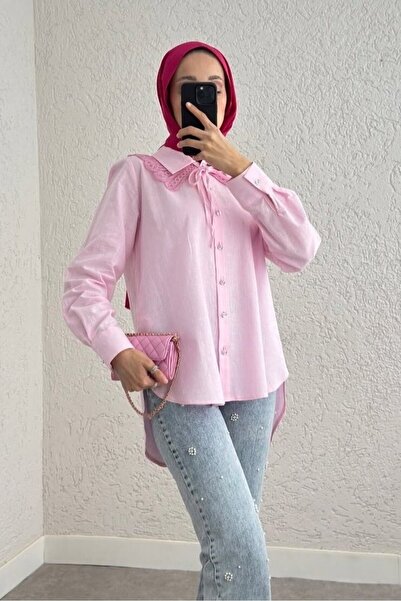Modamorfo Πουκάμισο με λεπτομέρεια στο γιακά και μακρύ κουμπί στην πλάτη - ροζ