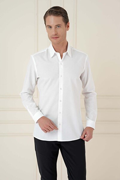 Efor Men's Slim Fit 100% Cotton Long Sleeve Textured Classic White Shirt Gk 749