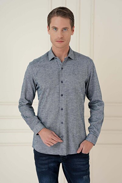 Efor Men's Slim Fit Textured 100% Cotton Navy Blue Shirt g 1584