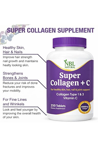 NBL Natural Super Collagen with Vitamin C, Collagen Peptides Types 1 & 3 for Hair,  250 Tablets