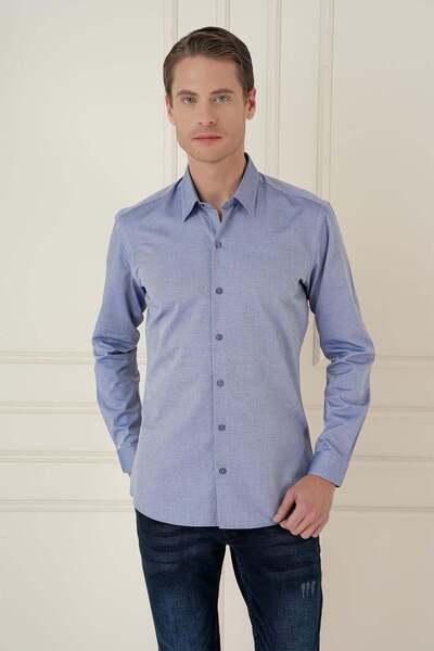 Efor Men's Slim Fit 100% Cotton Long Sleeve Textured Classic Indigo Shirt Gk 749