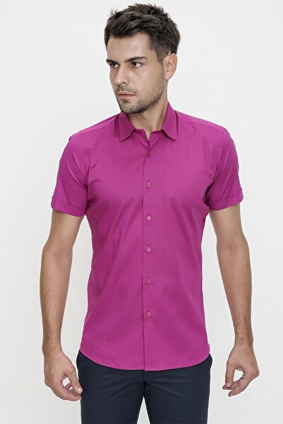 Efor Erkek Slim Fit Fuşya Kısa Kollu Gömlek G 1474