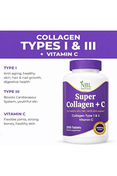 NBL Natural Super Collagen with Vitamin C, Collagen Peptides Types 1 & 3 for Hair,  250 Tablets