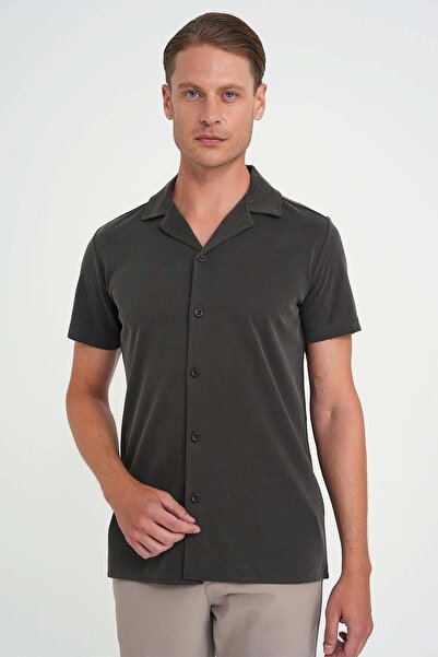 Efor Erkek Slim Fit Apaş Yaka Modal Karışımlı Kısa Kollu Kahverengi Gömlek G ...